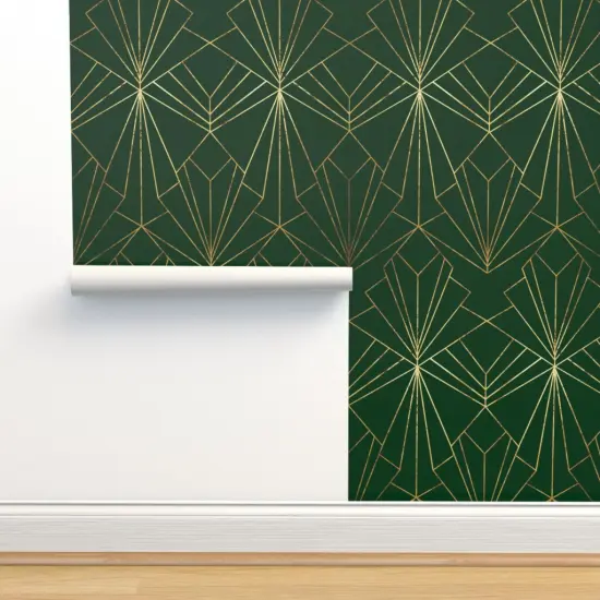 Peel & Stick Wallpaper 2FT Wide Glamorous 1920S Emerald Green Faux Gold Look Geometric Custom Removable Wallpaper by Spoonflower {2}