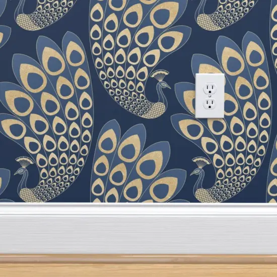 Pre-Pasted Wallpaper 2FT Wide Blue Art Deco Peacock Nouveau Feathers 1920S Glamor Custom Pre-pasted Wallpaper by Spoonflower {4}