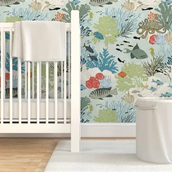 Pre-Pasted Wallpaper 2FT Wide Coral Reef Sea Life Nautical Aqua Fish Beach Ocean Octopus Custom Pre-pasted Wallpaper by Spoonflower {7}