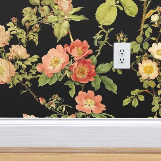 Pre-Pasted Wallpaper 2FT Wide Moody Floral Rose Flower Vintage Victorian Black English Dark Custom Pre-pasted Wallpaper by Spoonflower {5}