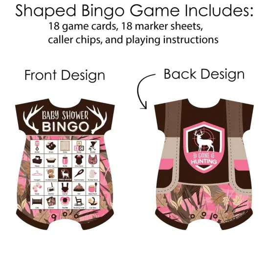 Big Dot of Happiness Pink Gone Hunting - Picture Bingo Cards and Markers - Deer Hunting Girl Camo Baby Shower Shaped Bingo Game - Set of 18 {4}