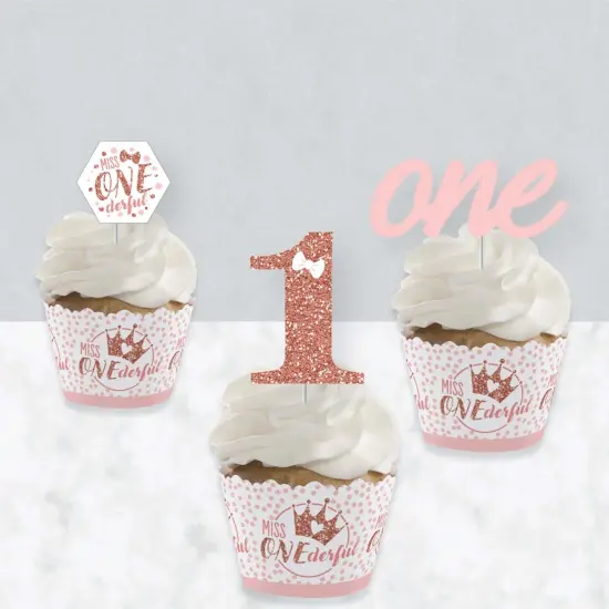 Big Dot of Happiness 1st Birthday Little Miss Onederful - Cupcake Decor - Girl First Birthday Party Cupcake Wrappers and Treat Picks Kit - Set of 24 {4}