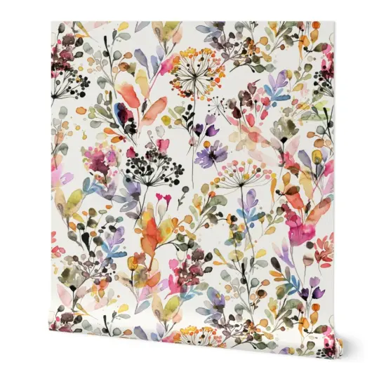 Peel & Stick Wallpaper 2FT Wide Watercolor Plants Floral Nature Abstract Plants Home Decor Watercolor Botanical Grasses Countryside Rustic Painterly Artistic Custom Removable Wallpaper by Spoonflower {7}