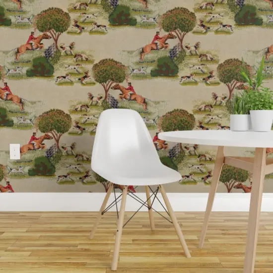 Peel & Stick Wallpaper 2FT Wide Vintage Style Fox Hunt Equestrian English Landscape Beagle Foxhound Custom Removable Wallpaper by Spoonflower {1}