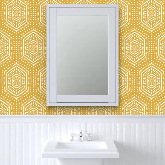 Peel & Stick Wallpaper 2FT Wide Bohemian Mudcloth Hexagon Geometric Sunflower Yellow Textured Look Custom Removable Wallpaper by Spoonflower {6}