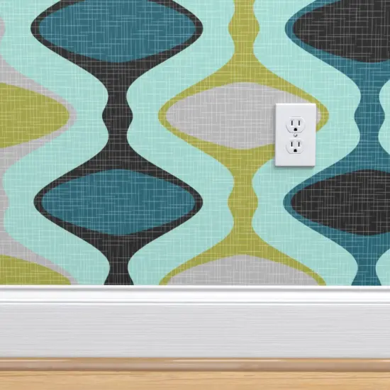 Pre-Pasted Wallpaper 2FT Wide Mid Century Ogee Modern Teal Blue Lime Gray Grey Black Olive Geometric Custom Pre-pasted Wallpaper by Spoonflower {4}