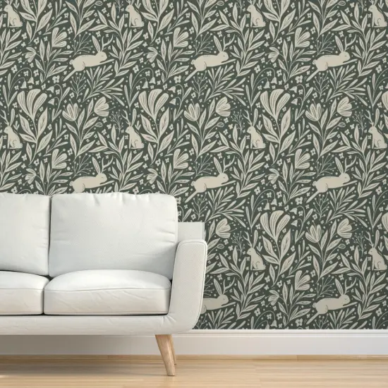 Pre-Pasted Wallpaper 2FT Wide Woodland Whimsical Folk Rabbits Botanical Magical Fairytale Folklore Custom Pre-pasted Wallpaper by Spoonflower {5}