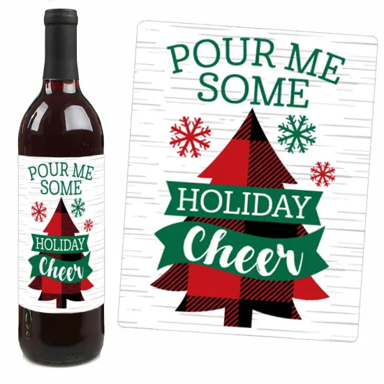 Big Dot of Happiness Holiday Plaid Trees - Buffalo Plaid Christmas Party Decorations for Women and Men - Wine Bottle Label Stickers - Set of 4 {4}