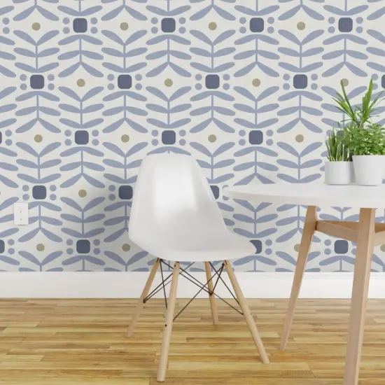 Pre-Pasted Wallpaper 2FT Wide Botanical Diamonds Large Geometric Neutral Blue Denim Dot Stripe Abstract Custom Pre-pasted Wallpaper by Spoonflower {1}