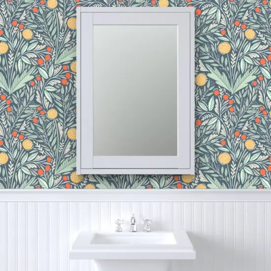 Peel & Stick Wallpaper 2FT Wide Modern Botanical Dandelions Yellow Orange Blue Floral Eucalyptus Rosehips Custom Removable Wallpaper by Spoonflower {6}