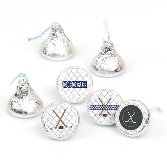 Big Dot of Happiness Shoots and Scores - Hockey - Baby Shower or Birthday Round Candy Sticker Favors - Labels Fits Chocolate Candy (1 Sheet of 108) {1}