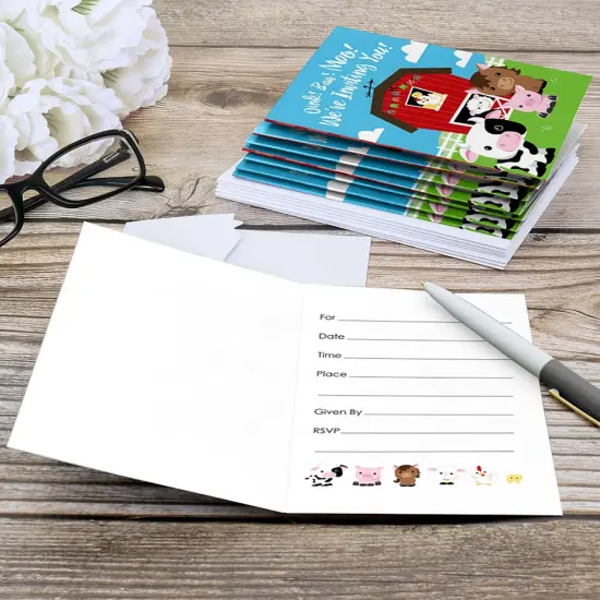 Big Dot of Happiness Farm Animals - Fill In Baby Shower or Birthday Party Invitations (8 count) {6}