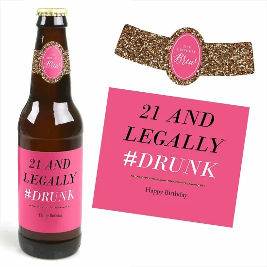 Big Dot of Happiness Finally 21 - Girl - 21st Birthday Party Decorations for Women - 6 Beer Bottle Label Stickers and 1 Carrier {3}