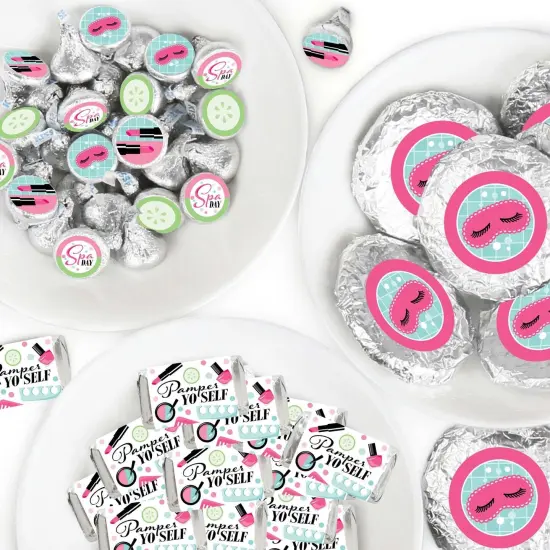 Big Dot of Happiness Spa Day - Mini Candy Bar Wrappers, Round Candy Stickers & Circle Stickers - Girls Makeup Party Candy Favor Sticker Kit - 304 Pcs {1}