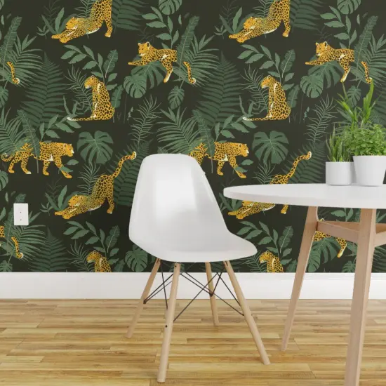 Peel & Stick Wallpaper 2FT Wide Modern Jungle Leopard Print Tropical Safari Banana Leaves Palm Fronds Custom Removable Wallpaper by Spoonflower {1}