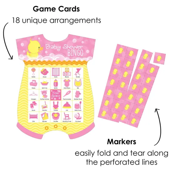 Big Dot of Happiness Pink Ducky Duck - Picture Bingo Cards and Markers - Baby Shower Shaped Bingo Game - Set of 18 {3}