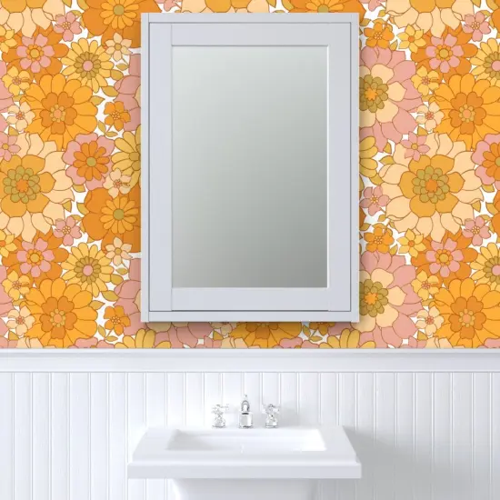 Peel & Stick Wallpaper 2FT Wide Retro Floral Sunny Maximalist Blush Pink Mustard Gold Marigold 1960S Custom Removable Wallpaper by Spoonflower {6}
