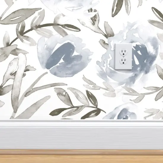 Peel & Stick Wallpaper 2FT Wide Blue Leaves Wild Flowers Watercolor Botanical Florals Wildflowers Floral Custom Removable Wallpaper by Spoonflower {4}