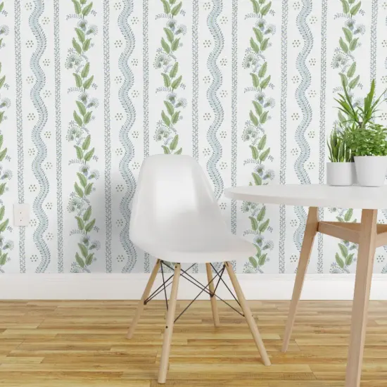 Pre-Pasted Wallpaper 2FT Wide Regency Floral Folk Art Light Blue Leaves Flower Vine Traditional Watercolor Custom Pre-pasted Wallpaper by Spoonflower {1}
