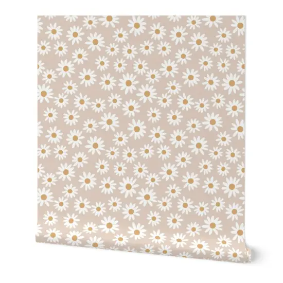 Peel & Stick Wallpaper 2FT Wide Daisy Print Daisies Spring Girl Earthy Tan Vintage Flowers Floral Trendy Custom Removable Wallpaper by Spoonflower {7}