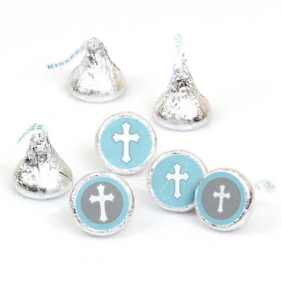 Big Dot of Happiness Little Miracle Boy Blue Cross - Baptism or Baby Shower Round Candy Sticker Favors - Labels Fits Chocolate Candy (1 sheet of 108) {1}