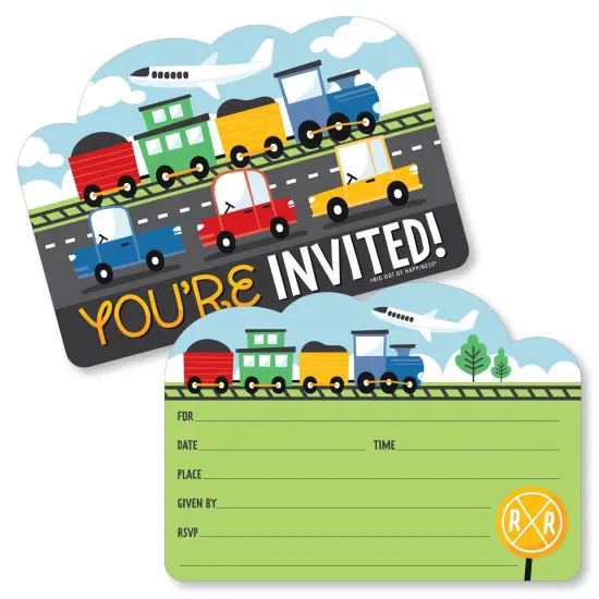 Big Dot of Happiness Cars, Trains, and Airplanes - Shaped Fill-In Invitations - Transportation Birthday Party Invitation Cards with Envelopes - 12 Ct {1}