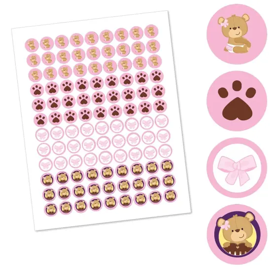 Big Dot of Happiness Baby Girl Teddy Bear - Baby Shower or Birthday Party Round Candy Sticker Favors - Labels Fits Chocolate Candy (1 sheet of 108) {3}