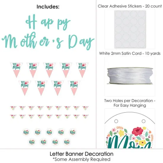 Big Dot of Happiness Colorful Floral Happy Mother's Day - We Love Mom Party Letter Banner Decor - 36 Banner Cutouts & Happy Mothers Day Banner Letters {6}
