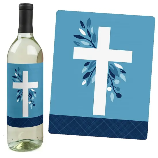 Big Dot of Happiness Confirmation Blue Elegant Cross - Boy Religious Party Decorations for Women and Men - Wine Bottle Label Stickers - Set of 4 {6}