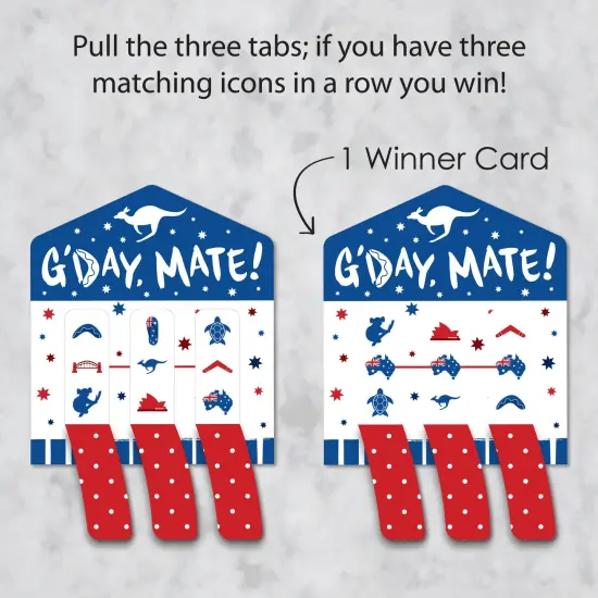 Big Dot of Happiness Australia Day - G&rsquo;Day Mate Aussie Party Game Pickle Cards - Pull Tabs 3-in-a-Row - Set of 12 {4}