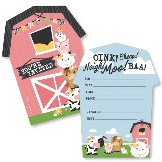 Big Dot of Happiness Girl Farm Animals - Shaped Fill-In Invitations Pink Barnyard Baby Shower or Birthday Party Invitation Cards with Envelopes 12 Ct {1}