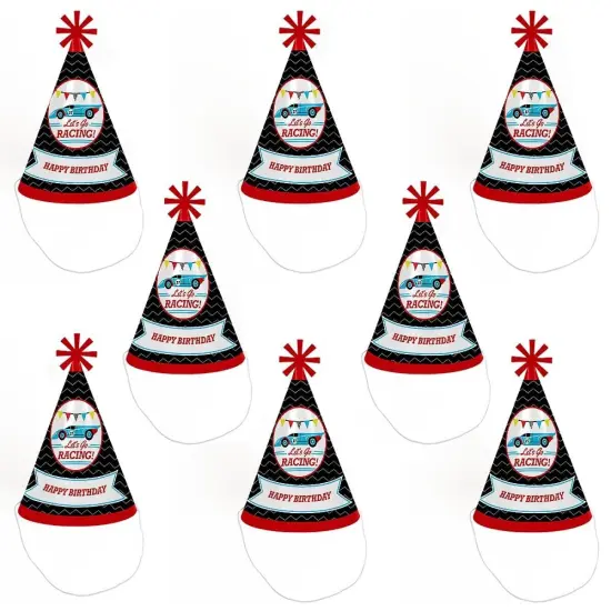 Big Dot of Happiness Let's Go Racing - Racecar - Cone Race Car Happy Birthday Party Hats for Kids and Adults - Set of 8 (Standard Size) {7}