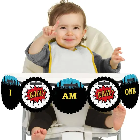 Big Dot of Happiness Bam Superhero 1st Birthday Highchair Decor - I Am One - First Birthday High Chair Banner {1}