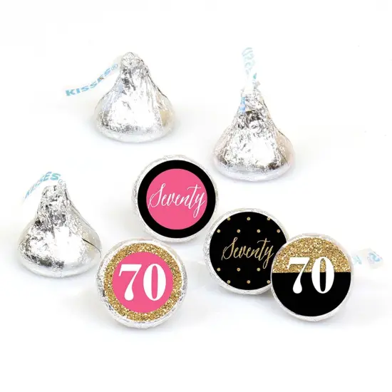 Big Dot of Happiness Chic 70th Birthday - Pink, Black and Gold - Round Candy Sticker Favors - Labels Fits Chocolate Candy (1 sheet of 108) {1}