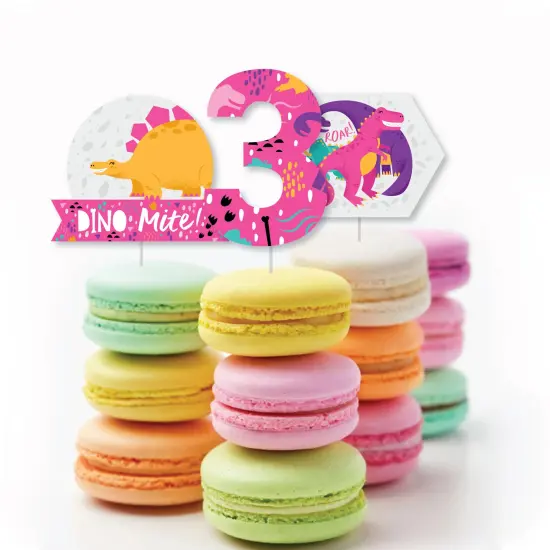 Big Dot of Happiness 3rd Birthday Roar Dinosaur Girl - Dessert Cupcake Toppers - Three Rex Dino Third Birthday Party Clear Treat Picks - Set of 24 {6}