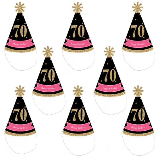 Big Dot of Happiness Chic 70th Birthday - Pink, Black and Gold - Cone Happy Birthday Party Hats for Adults - Set of 8 (Standard Size) {7}