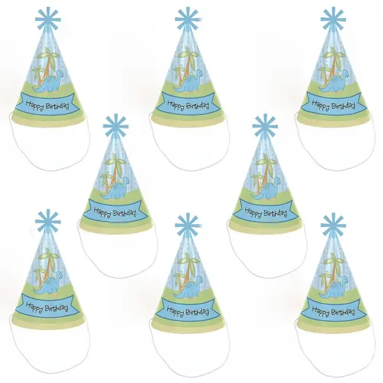 Big Dot of Happiness Baby Boy Dinosaur - Cone Happy Birthday Party Hats for Kids and Adults - Set of 8 (Standard Size) {7}