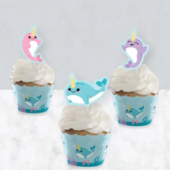 Big Dot of Happiness Narwhal Girl - Cupcake Decoration - Under The Sea Baby Shower or Birthday Party Cupcake Wrappers and Treat Picks Kit - Set of 24 {4}