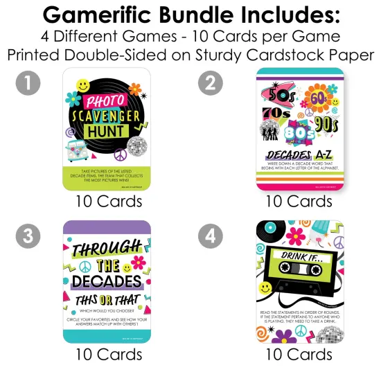 Big Dot of Happiness Through the Decades - 4 50s, 60s, 70s, 80s, and 90s Party Games - 10 Cards Each - Gamerific Bundle {4}