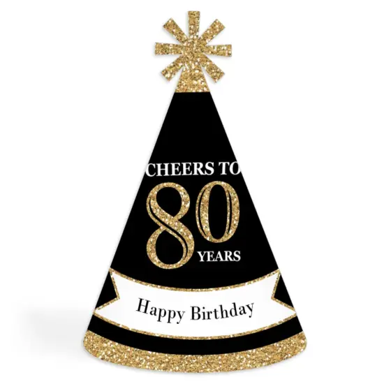 Big Dot of Happiness Adult 80th Birthday - Gold - Cone Birthday Party Hats for Adults - Set of 8 (Standard Size) {1}