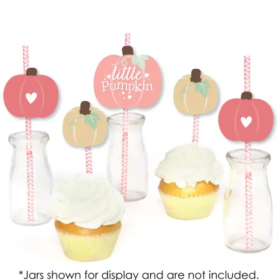 Big Dot of Happiness Girl Little Pumpkin - Paper Straw Decor - Fall Birthday Party or Baby Shower Striped Decorative Straws - Set of 24 {6}