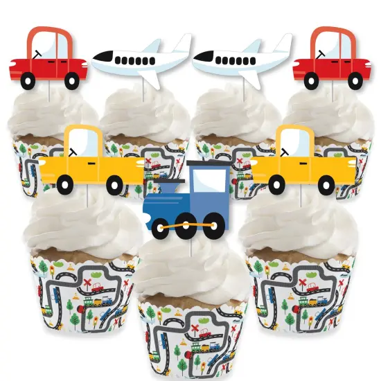 Big Dot of Happiness Cars, Trains, and Airplanes - Cupcake Decoration - Transportation Birthday Party Cupcake Wrappers and Treat Picks Kit - Set of 24 {1}