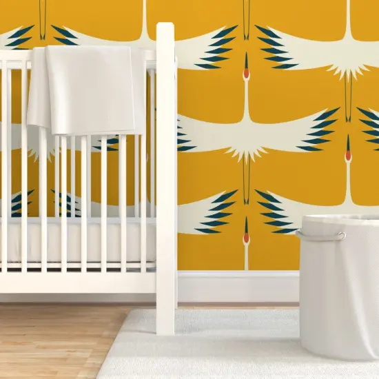 Pre-Pasted Wallpaper 2FT Wide Whooping Crane Sunshine Endangered Species Animals Bird Flight Fly Custom Pre-pasted Wallpaper by Spoonflower {7}