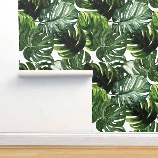 Peel & Stick Wallpaper 2FT Wide Large Scale Monstera Leaves Tropical Rainforest Jungle Green Leaf Custom Removable Wallpaper by Spoonflower {2}