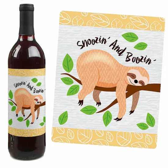 Big Dot of Happiness Let's Hang - Sloth - Baby Shower or Birthday Party Decorations for Women and Men - Wine Bottle Label Stickers - Set of 4 {7}