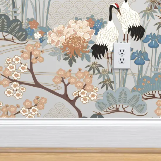 Pre-Pasted Wallpaper 2FT Wide Large Scale Japanese Garden Grey Asian Floral Birds Animals Custom Pre-pasted Wallpaper by Spoonflower {4}