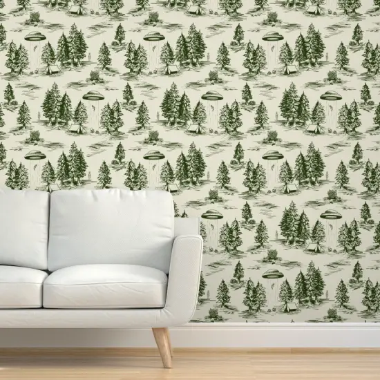 Pre-Pasted Wallpaper 2FT Wide Alien Toile Whimsical Ufos Flying Saucers Traditional Neutral Custom Pre-pasted Wallpaper by Spoonflower {5}