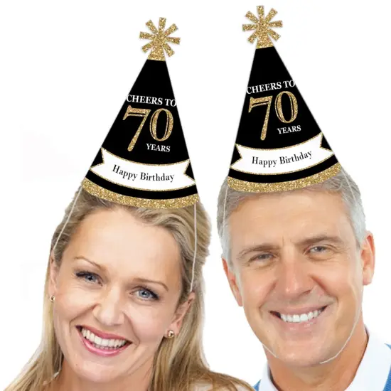 Big Dot of Happiness Adult 70th Birthday - Gold - Cone Birthday Party Hats for Adults - Set of 8 (Standard Size) {3}