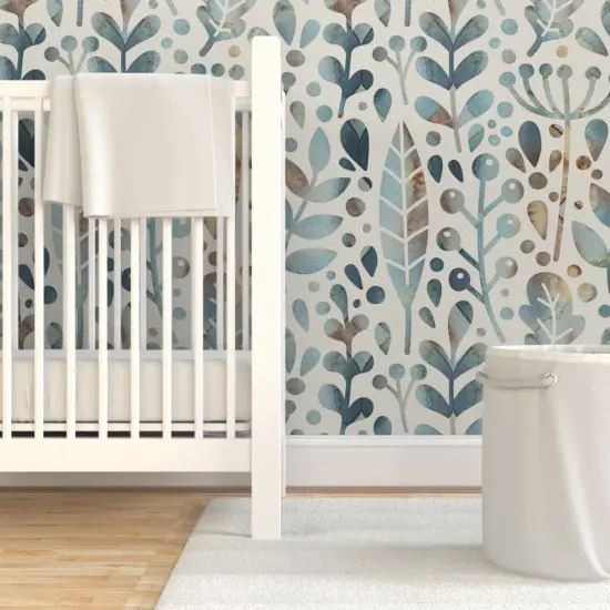 Pre-Pasted Wallpaper 2FT Wide Woodland Muted Blue Large Scale Modern Botanicals Custom Pre-pasted Wallpaper by Spoonflower {7}