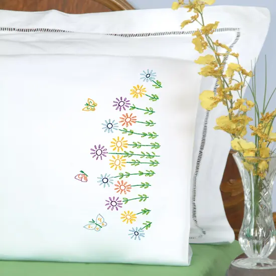 Jack Dempsey Stamped Pillowcases W/White Perle Edge 2/Pkg-Field Of Flowers {3}